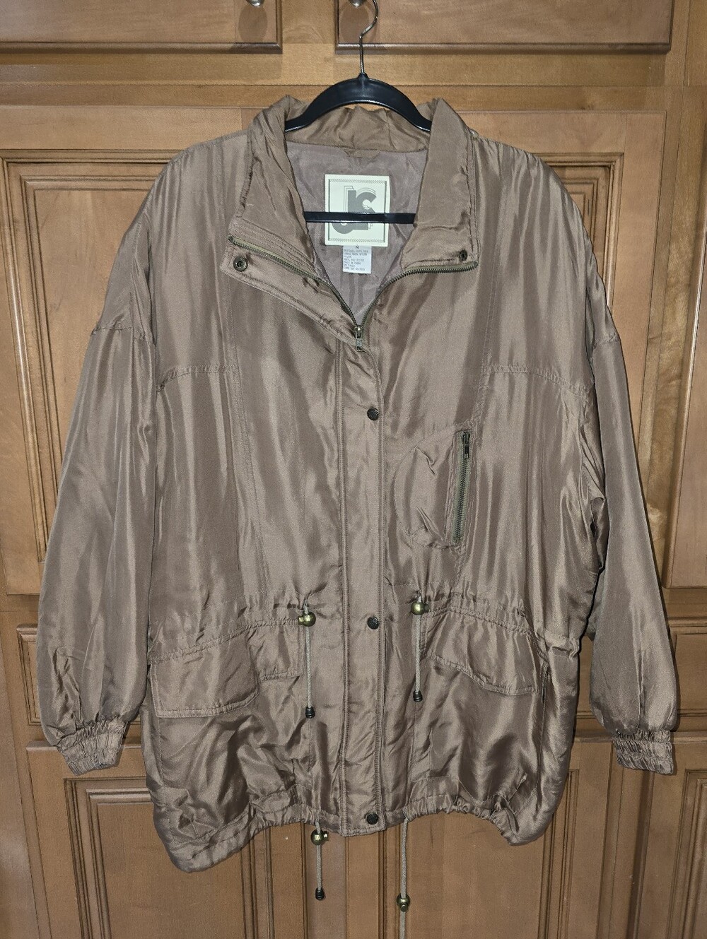 Vintage Womens Oversized Lightweight Taupe Utility Jacket with Drawcord Waist